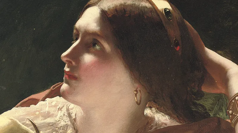 A woman looking up to the sky, from James Sant's Astronomy, pixelated