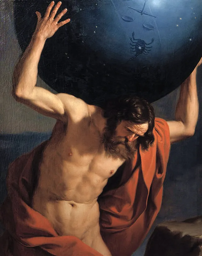 Guercino's Atlas holding up the celestial globe, pixelated