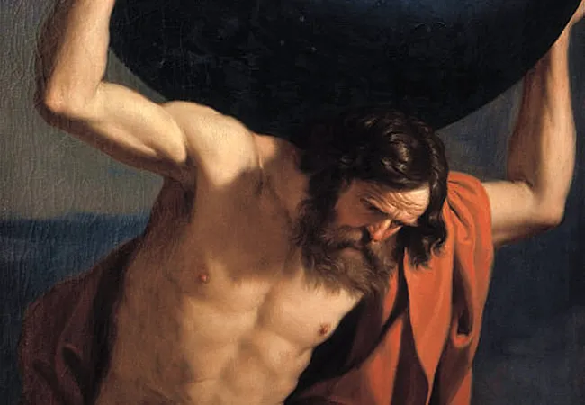 Guercino's Atlas holding up the celestial globe, pixelated