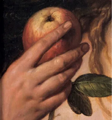 A hand holding an apple, from Goltzius's Eve
