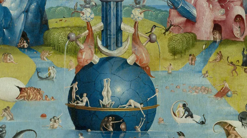 The blue globe fountain from Bosch's Garden of Earthly Delights, ringed by tiny bathing figures, pixelated