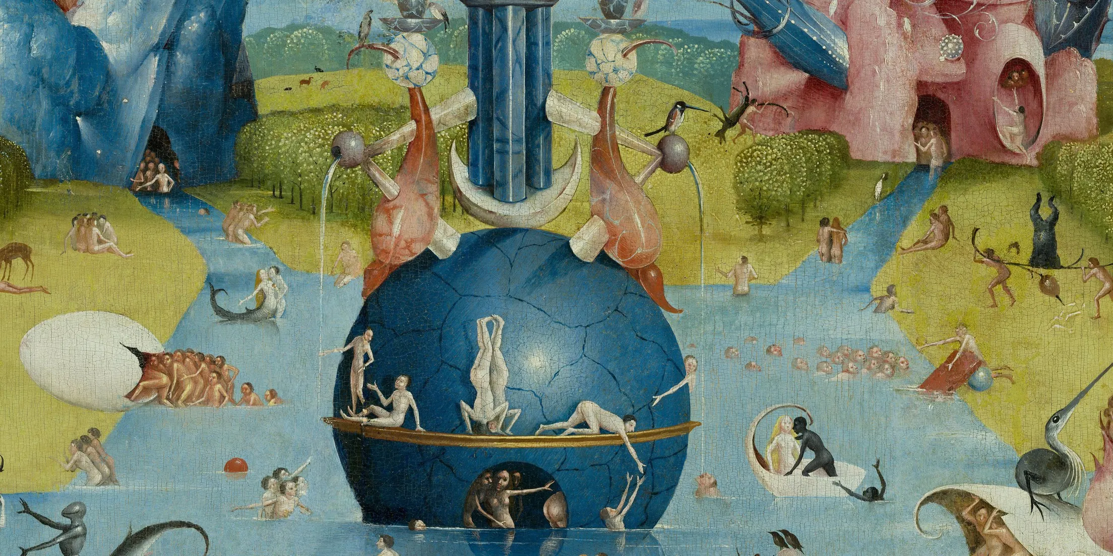 The blue globe fountain from Bosch's Garden of Earthly Delights, ringed by tiny bathing figures, pixelated