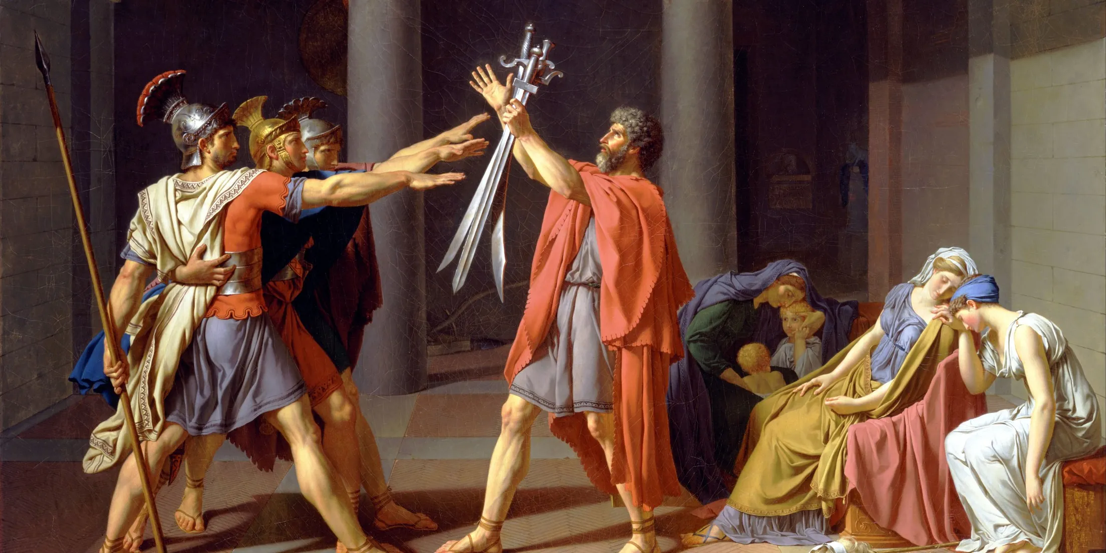 David's Oath of the Horatii: three brothers reach for the swords their father holds up, pixelated