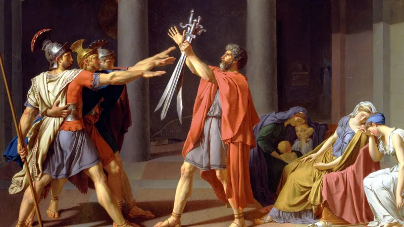 David's Oath of the Horatii: three brothers reach for the swords their father holds up, pixelated