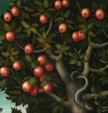 An apple tree full of fruit, from Cranach's Adam and Eve