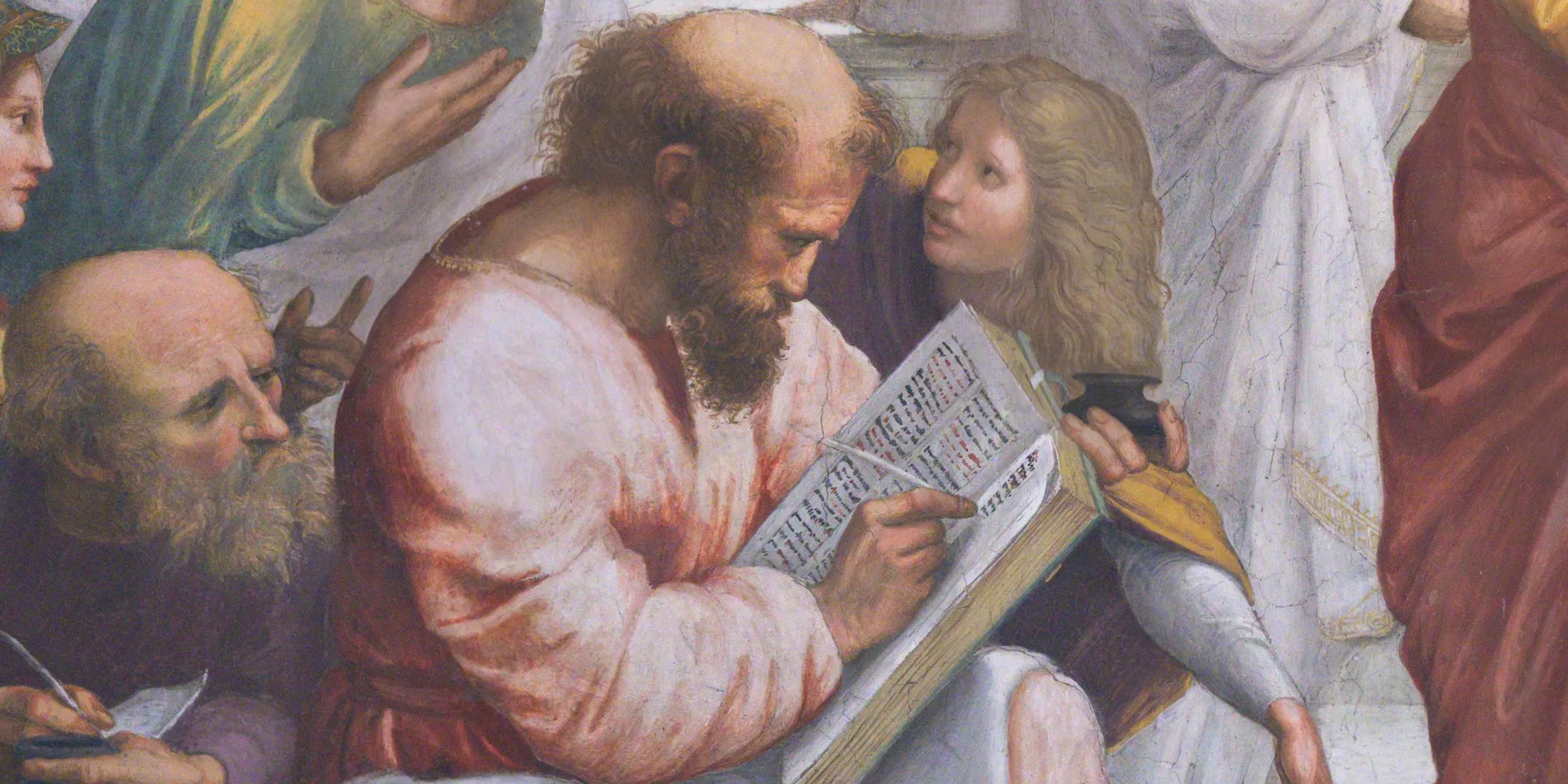 Pythagoras writing in an open book, from Raphael's The School of Athens, pixelated