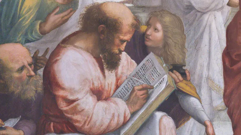 Pythagoras writing in an open book, from Raphael's The School of Athens, pixelated